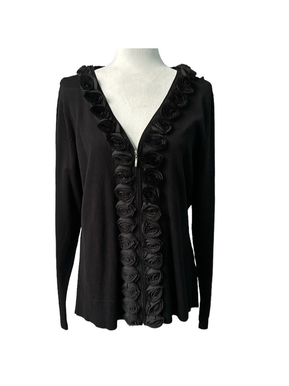 Cyrus Black Zip Cardigan Sweater With Rosettes Size XL NWT